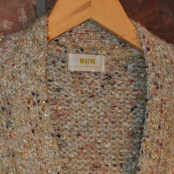 Anthropologie Maeve Twinkle Ivory Gold Tinsel Multicolor Knit Cardigan Sweater - Picture 7 of 9